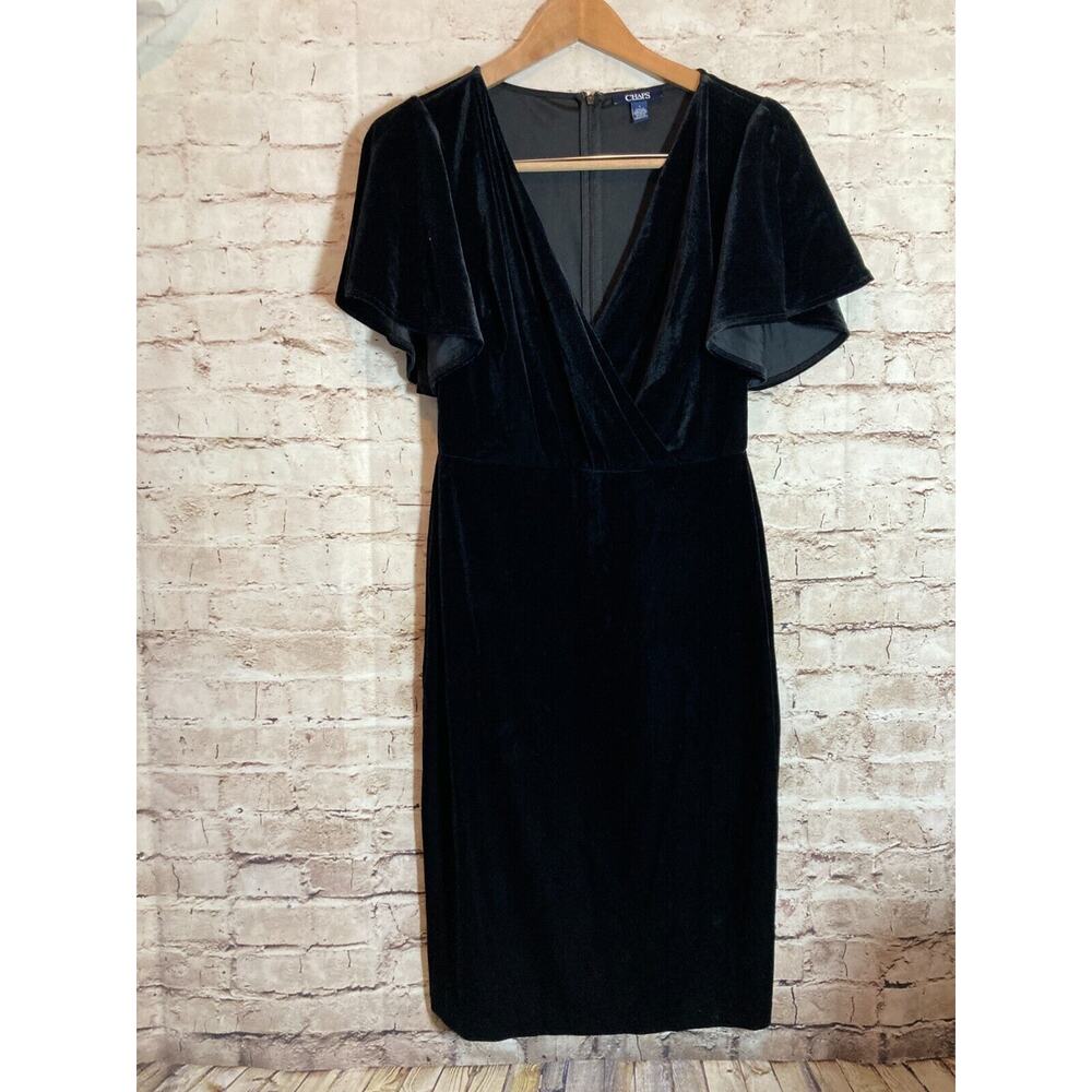 NEW CHAPS Midi Dress Womens‎ 6 Black Velevet LBD Flared Sleeve Party Cocktail